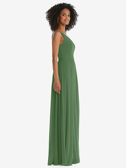 【STYLE: 1555】One-Shoulder Chiffon Maxi Dress with Shirred Front Slit【COLOR: Vineyard Green】