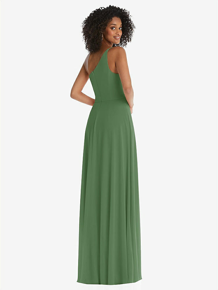 【STYLE: 1555】One-Shoulder Chiffon Maxi Dress with Shirred Front Slit【COLOR: Vineyard Green】
