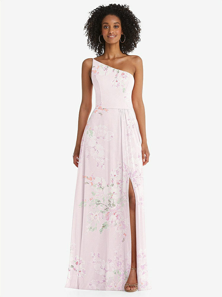 【STYLE: 1555】One-Shoulder Chiffon Maxi Dress with Shirred Front Slit【COLOR: Watercolor Print】