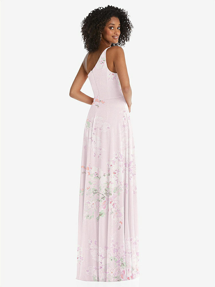 【STYLE: 1555】One-Shoulder Chiffon Maxi Dress with Shirred Front Slit【COLOR: Watercolor Print】