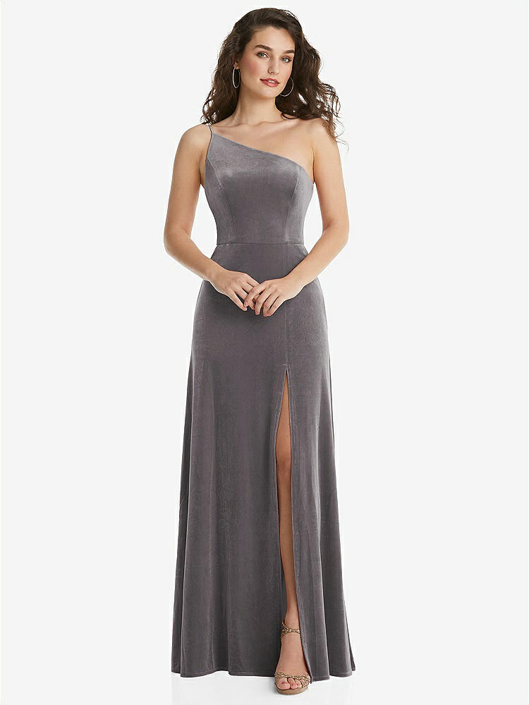 【STYLE: 1556】One-Shoulder Spaghetti Strap Velvet Maxi Dress with Pockets【COLOR: Caviar Gray】