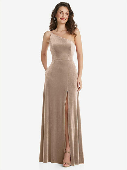 【NEW】【STYLE: 1556】ワンショルダー スパゲッティ ストラップ ベルベット マキシ ドレス ポケット付き【COLOR: Topaz】【SIZE: 00-30W】