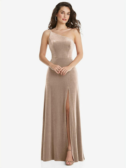 【NEW】【STYLE: 1556】ワンショルダー スパゲッティ ストラップ ベルベット マキシ ドレス ポケット付き【COLOR: Topaz】【SIZE: 00-30W】