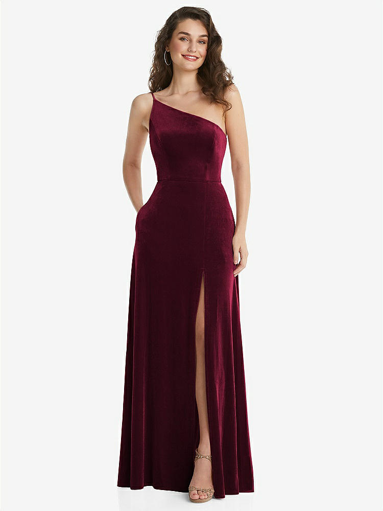 【STYLE: 1556】One-Shoulder Spaghetti Strap Velvet Maxi Dress with Pockets【COLOR: Cabernet】