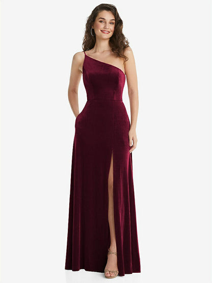 【STYLE: 1556】One-Shoulder Spaghetti Strap Velvet Maxi Dress with Pockets【COLOR: Cabernet】