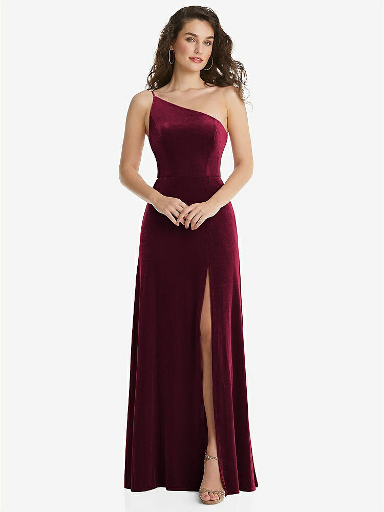 【STYLE: 1556】One-Shoulder Spaghetti Strap Velvet Maxi Dress with Pockets【COLOR: Cabernet】