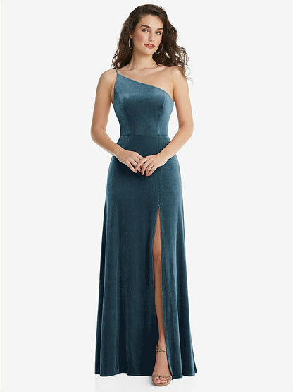 【NEW】【STYLE: 1556】ワンショルダー スパゲッティ ストラップ ベルベット マキシ ドレス ポケット付き【COLOR: Dutch Blue】【SIZE: 00-30W】