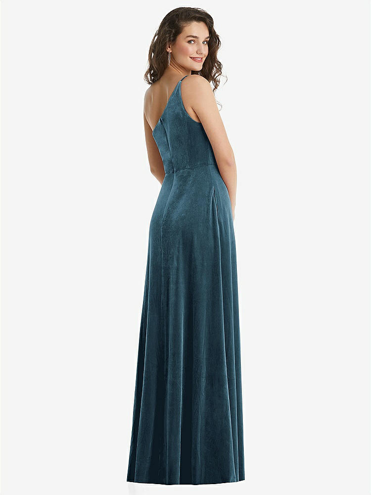 【NEW】【STYLE: 1556】ワンショルダー スパゲッティ ストラップ ベルベット マキシ ドレス ポケット付き【COLOR: Dutch Blue】【SIZE: 00-30W】