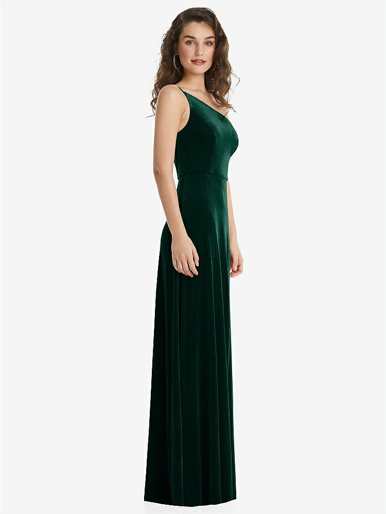 【STYLE: 1556】One-Shoulder Spaghetti Strap Velvet Maxi Dress with Pockets【COLOR: Evergreen】