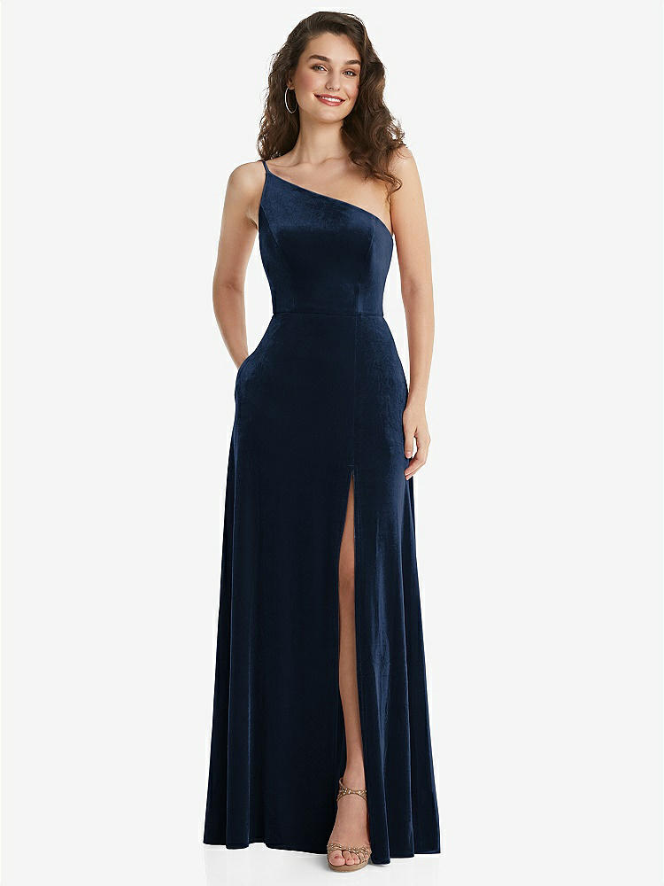 【NEW】【STYLE: 1556】ワンショルダー スパゲッティ ストラップ ベルベット マキシ ドレス ポケット付き【COLOR: Midnight Navy】【SIZE: 00-30W】
