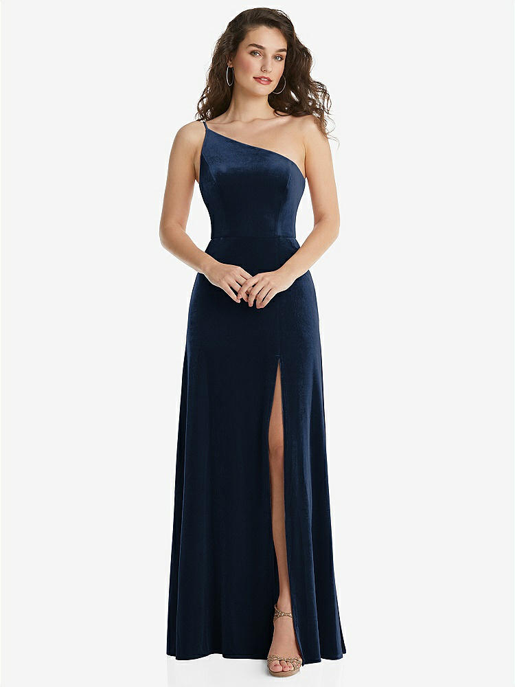 【NEW】【STYLE: 1556】ワンショルダー スパゲッティ ストラップ ベルベット マキシ ドレス ポケット付き【COLOR: Midnight Navy】【SIZE: 00-30W】