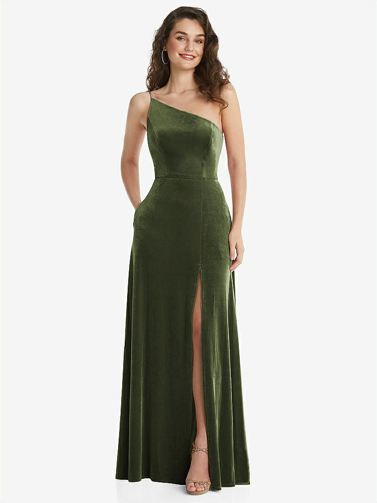 【STYLE: 1556】One-Shoulder Spaghetti Strap Velvet Maxi Dress with Pockets【COLOR: Olive Green】