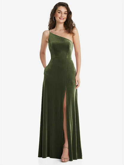 【STYLE: 1556】One-Shoulder Spaghetti Strap Velvet Maxi Dress with Pockets【COLOR: Olive Green】