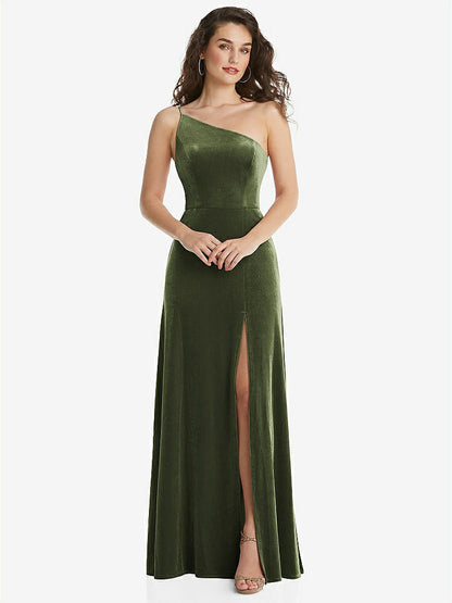 【STYLE: 1556】One-Shoulder Spaghetti Strap Velvet Maxi Dress with Pockets【COLOR: Olive Green】