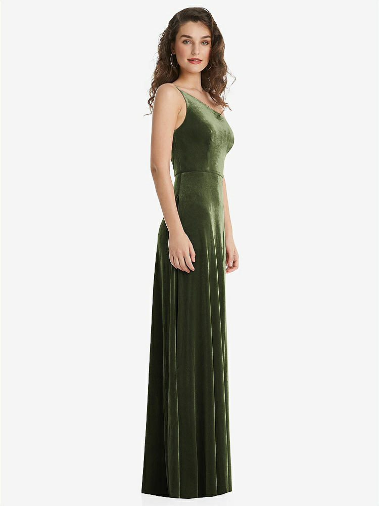 【STYLE: 1556】One-Shoulder Spaghetti Strap Velvet Maxi Dress with Pockets【COLOR: Olive Green】