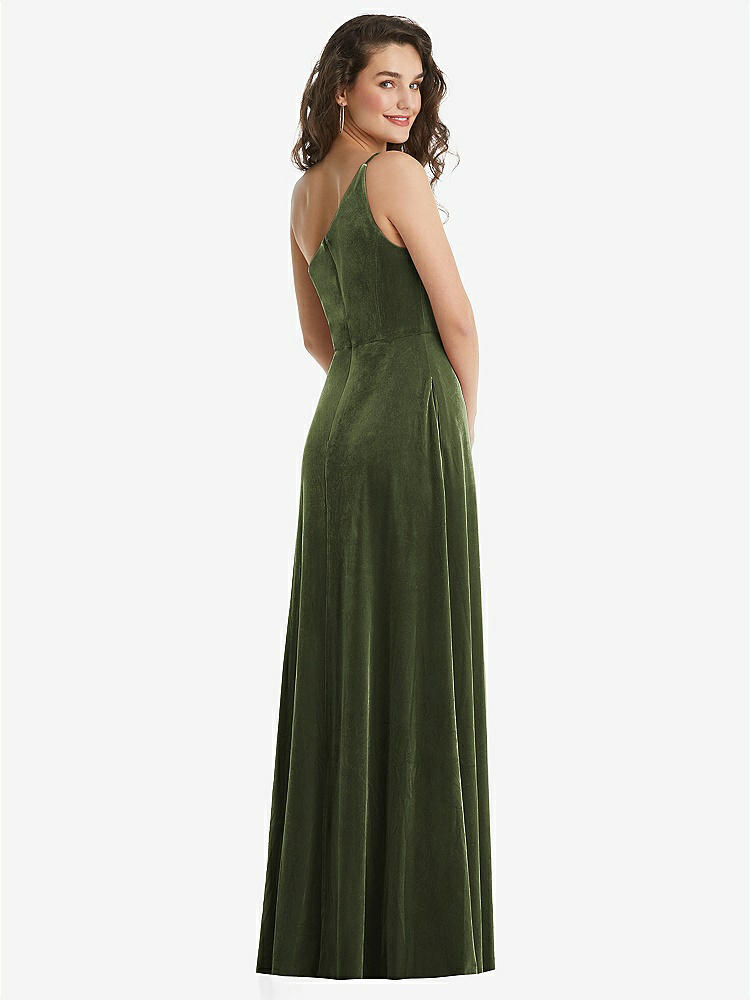 【STYLE: 1556】One-Shoulder Spaghetti Strap Velvet Maxi Dress with Pockets【COLOR: Olive Green】