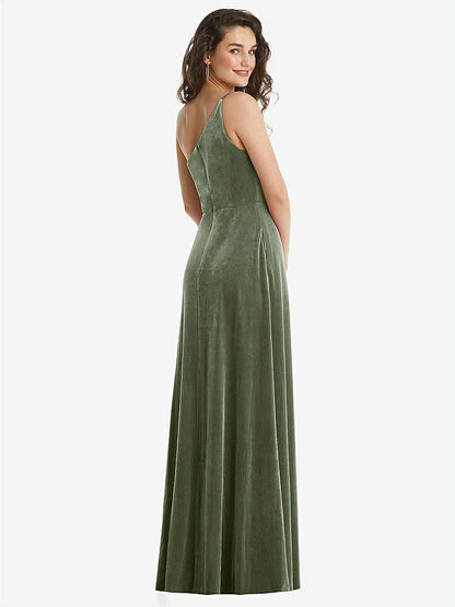 【STYLE: 1556】One-Shoulder Spaghetti Strap Velvet Maxi Dress with Pockets【COLOR: Sage】