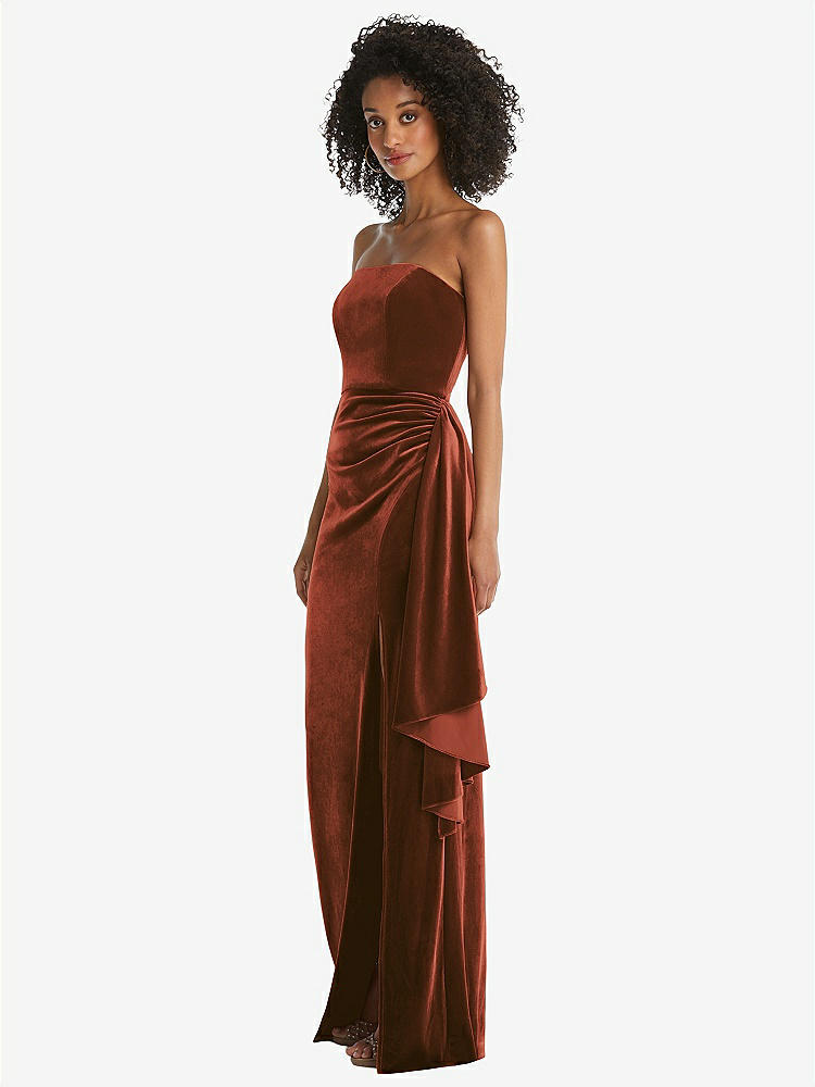 【STYLE: 6850】Strapless Velvet Maxi Dress with Draped Cascade Skirt【COLOR: Auburn Moon】
