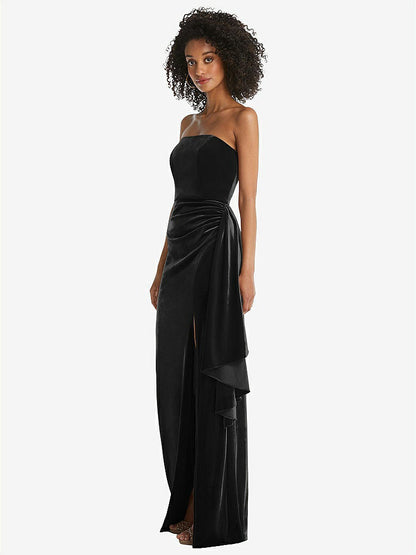 【STYLE: 6850】Strapless Velvet Maxi Dress with Draped Cascade Skirt【COLOR: Black】