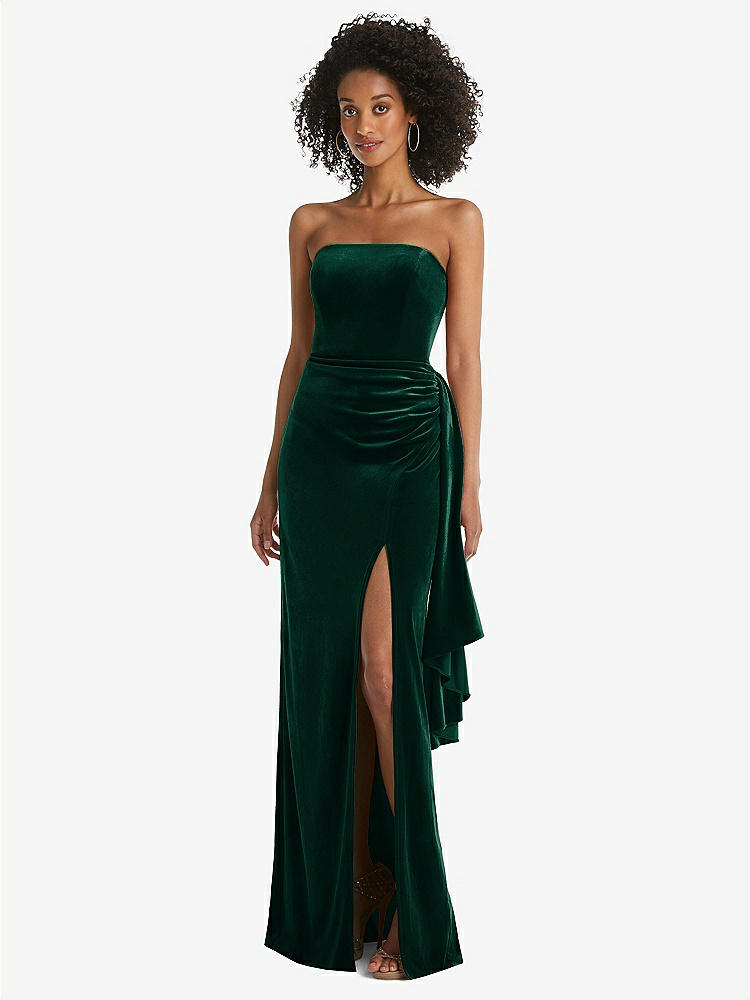 【STYLE: 6850】Strapless Velvet Maxi Dress with Draped Cascade Skirt【COLOR: Evergreen】