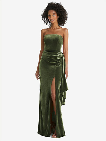 【STYLE: 6850】Strapless Velvet Maxi Dress with Draped Cascade Skirt【COLOR: Olive Green】