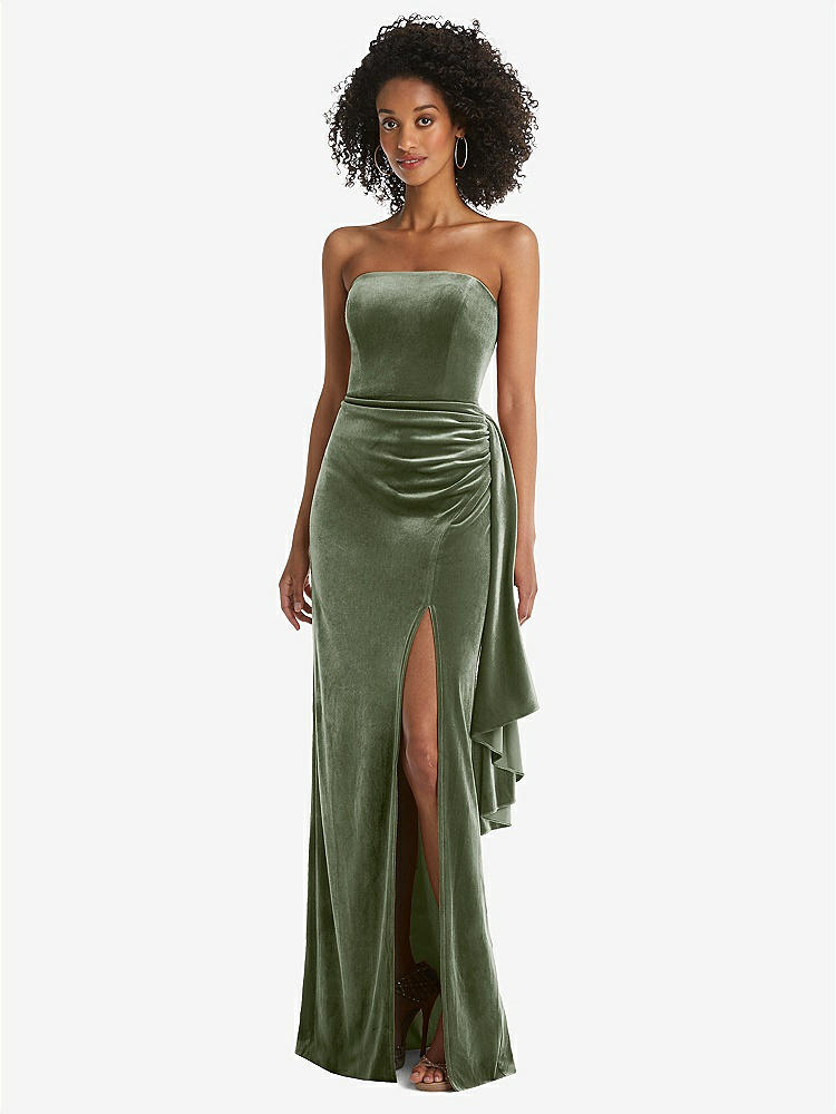 【STYLE: 6850】Strapless Velvet Maxi Dress with Draped Cascade Skirt【COLOR: Sage】
