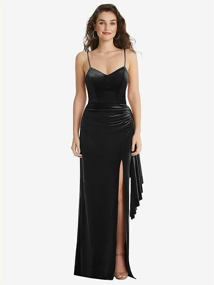 【STYLE: 6851】Spaghetti Strap Velvet Maxi Dress with Draped Cascade Skirt【COLOR: Black】