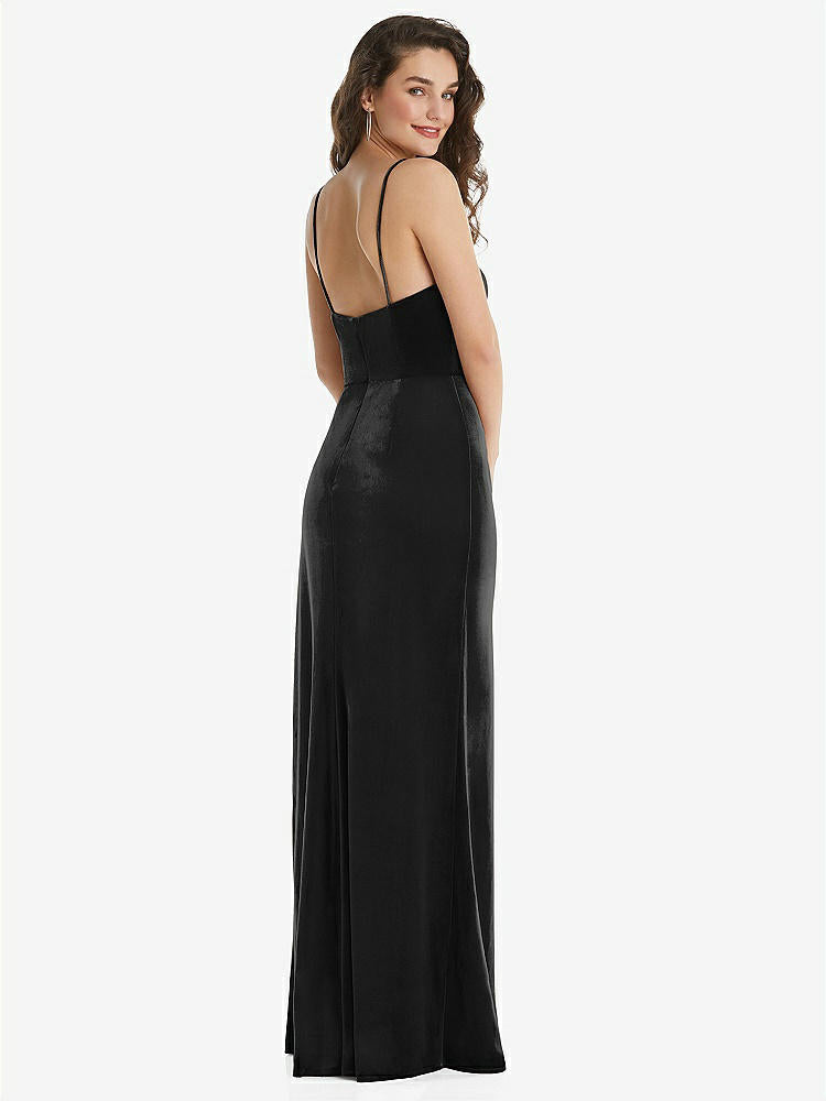 【STYLE: 6851】Spaghetti Strap Velvet Maxi Dress with Draped Cascade Skirt【COLOR: Black】