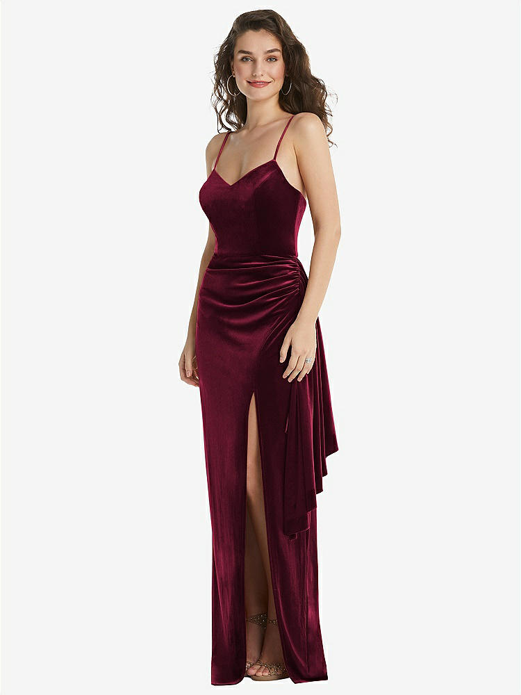 【STYLE: 6851】Spaghetti Strap Velvet Maxi Dress with Draped Cascade Skirt【COLOR: Cabernet】