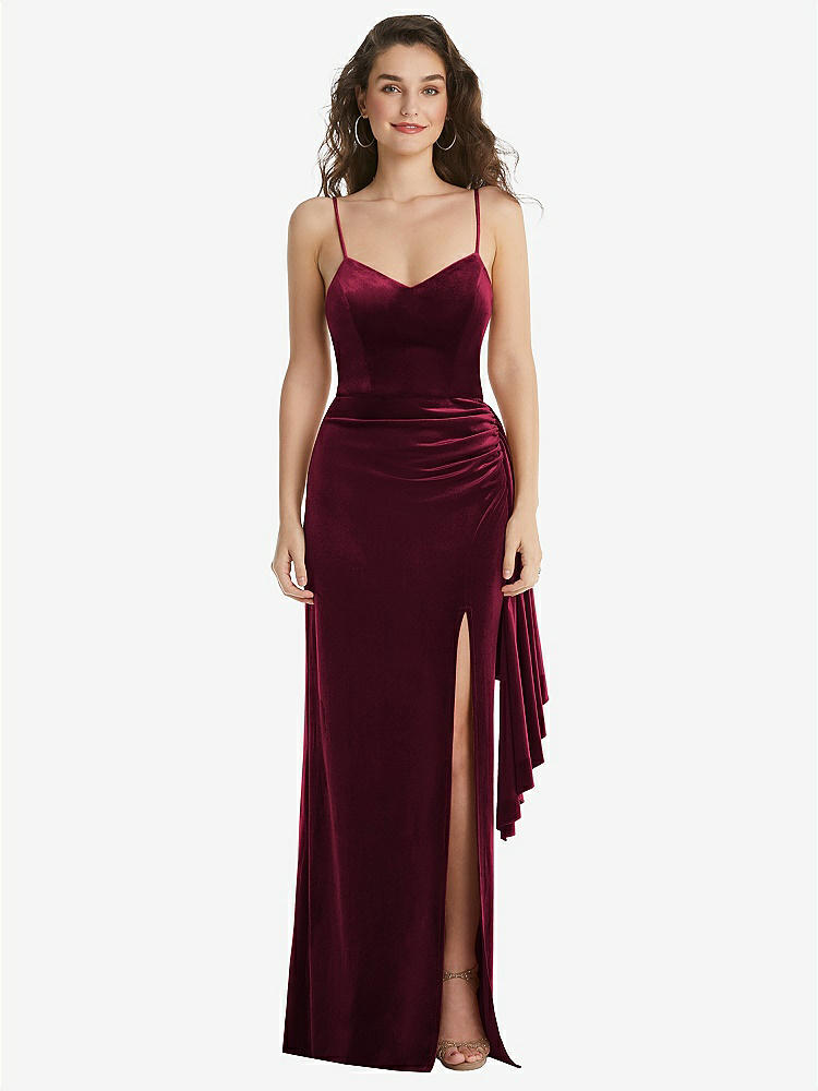 【STYLE: 6851】Spaghetti Strap Velvet Maxi Dress with Draped Cascade Skirt【COLOR: Cabernet】