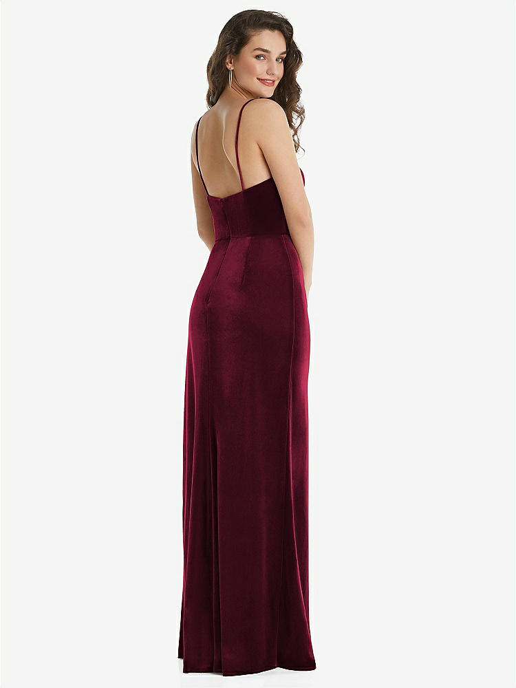 【STYLE: 6851】Spaghetti Strap Velvet Maxi Dress with Draped Cascade Skirt【COLOR: Cabernet】