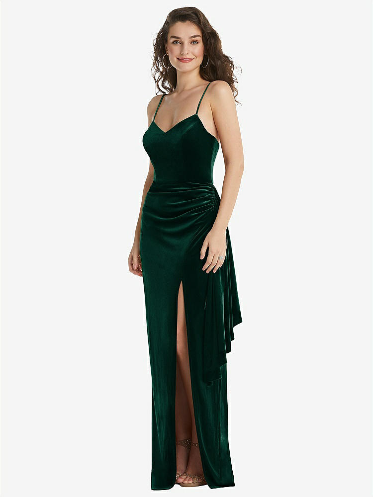 【STYLE: 6851】Spaghetti Strap Velvet Maxi Dress with Draped Cascade Skirt【COLOR: Evergreen】