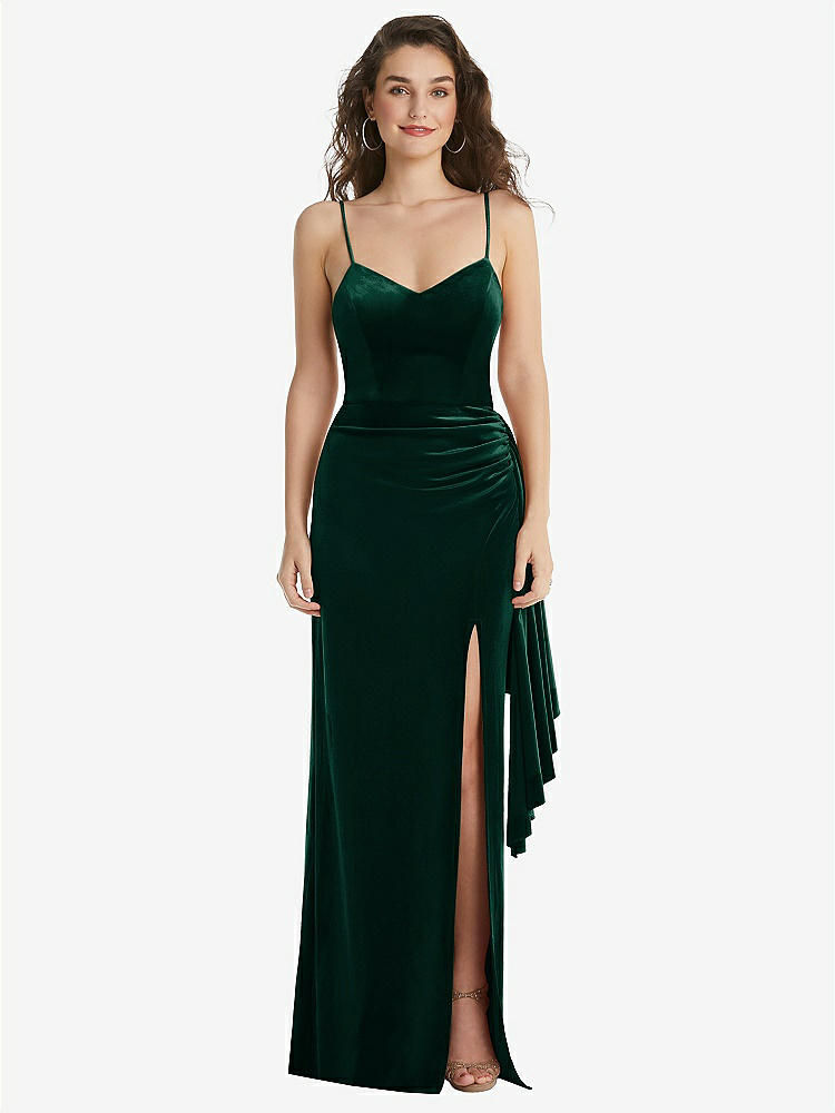 【STYLE: 6851】Spaghetti Strap Velvet Maxi Dress with Draped Cascade Skirt【COLOR: Evergreen】