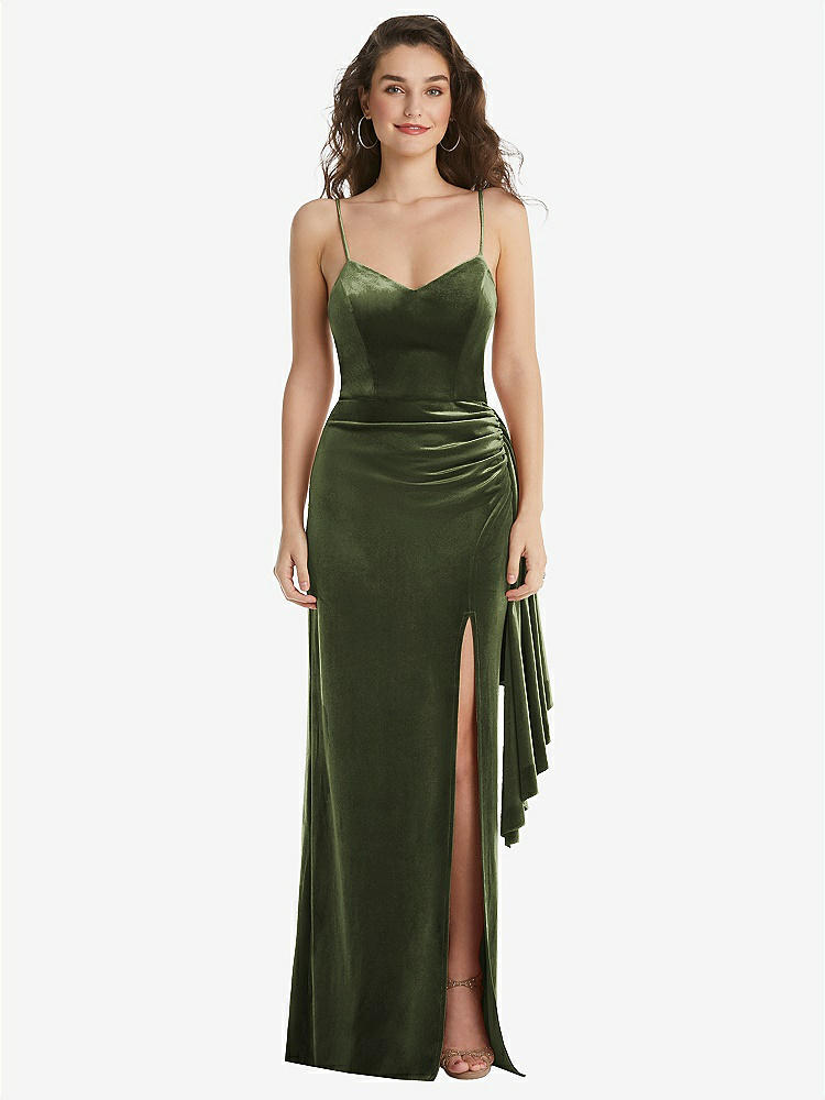【STYLE: 6851】Spaghetti Strap Velvet Maxi Dress with Draped Cascade Skirt【COLOR: Olive Green】