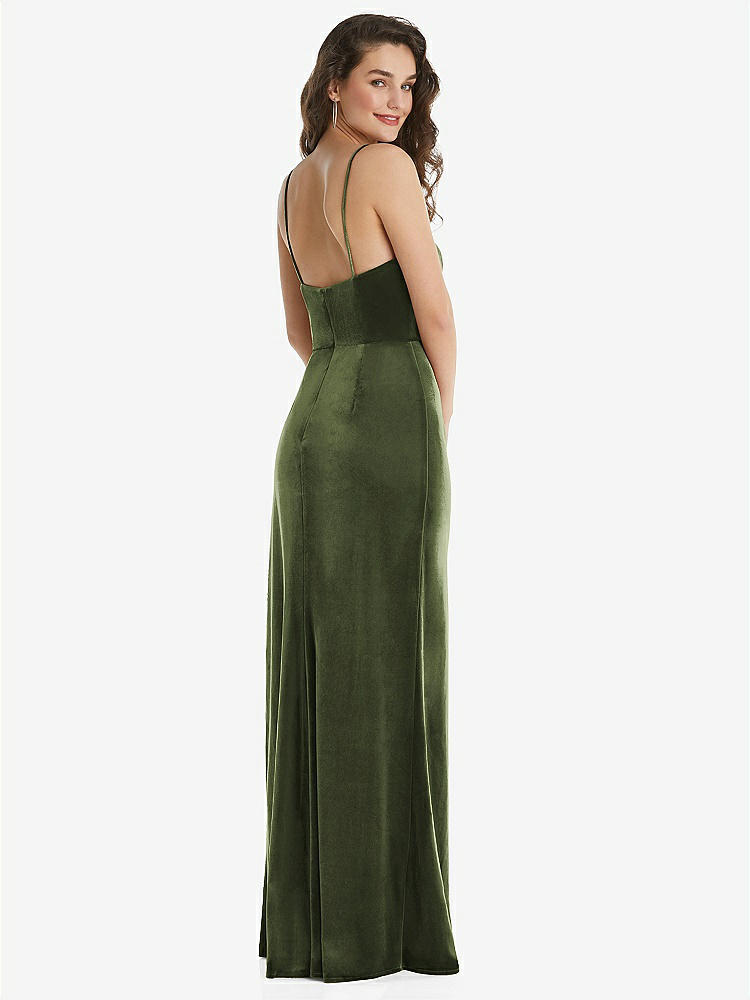 【STYLE: 6851】Spaghetti Strap Velvet Maxi Dress with Draped Cascade Skirt【COLOR: Olive Green】