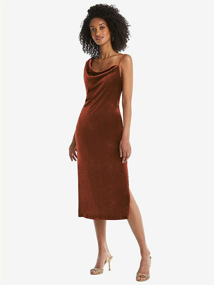 【STYLE: 8212】Asymmetrical One-Shoulder Velvet Midi Slip Dress【COLOR: Auburn Moon】
