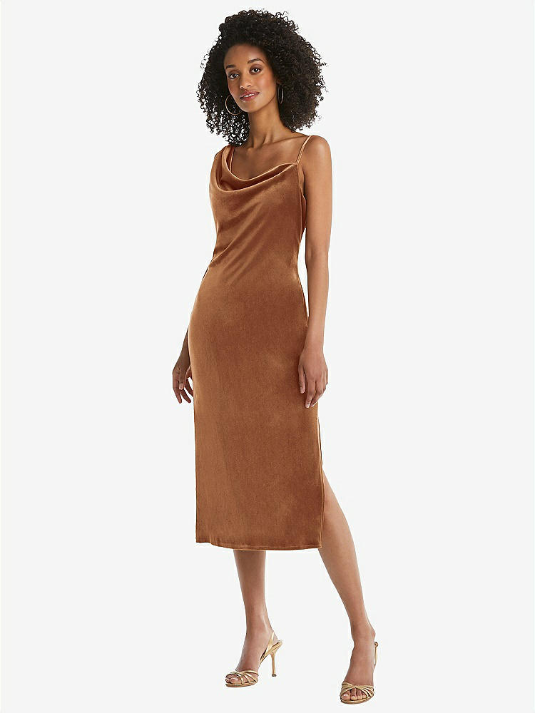 【STYLE: 8212】Asymmetrical One-Shoulder Velvet Midi Slip Dress【COLOR: Golden Almond】
