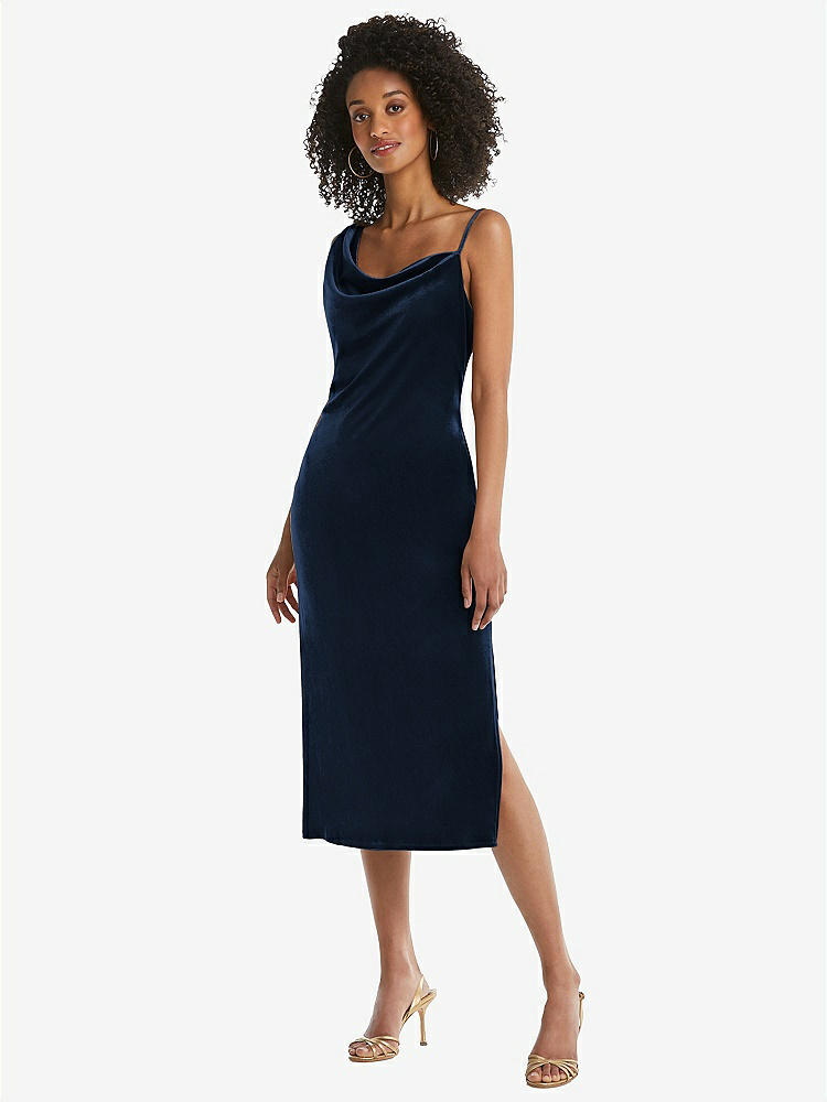 【STYLE: 8212】Asymmetrical One-Shoulder Velvet Midi Slip Dress【COLOR: Midnight Navy】