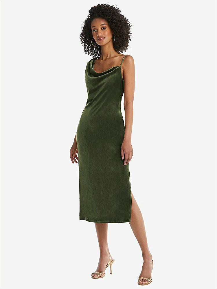 【STYLE: 8212】Asymmetrical One-Shoulder Velvet Midi Slip Dress【COLOR: Olive Green】