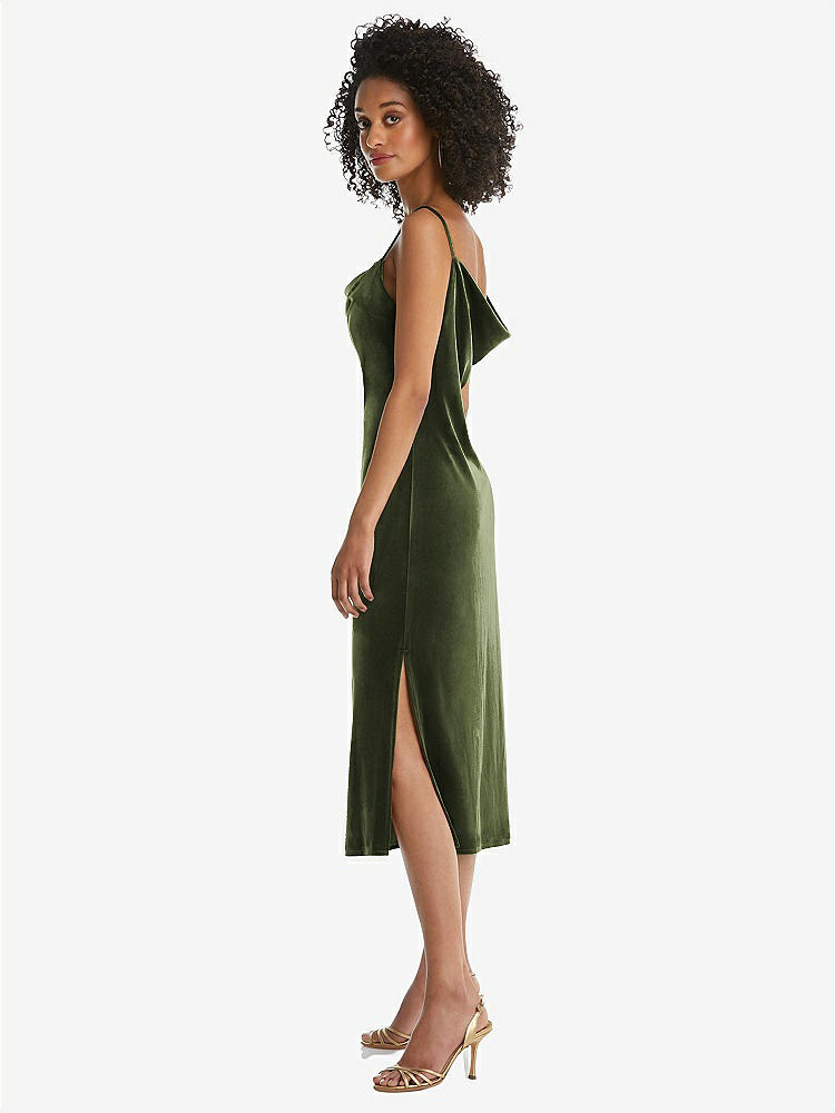 【STYLE: 8212】Asymmetrical One-Shoulder Velvet Midi Slip Dress【COLOR: Olive Green】
