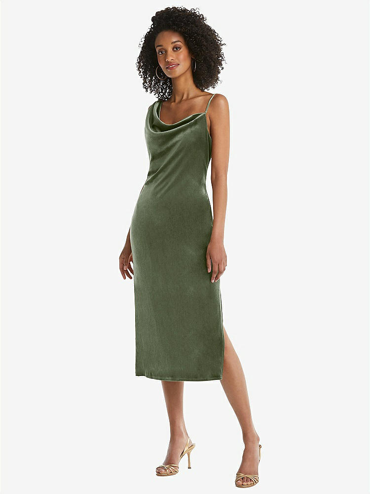【STYLE: 8212】Asymmetrical One-Shoulder Velvet Midi Slip Dress【COLOR: Sage】