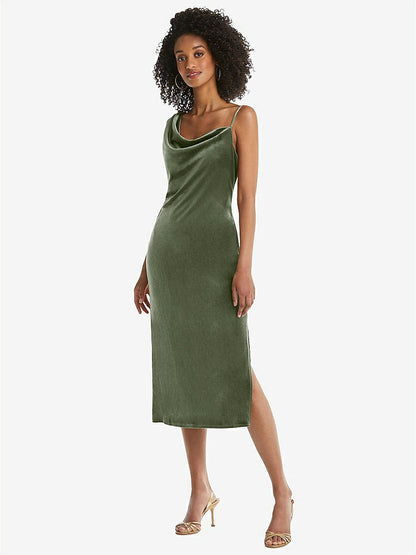 【STYLE: 8212】Asymmetrical One-Shoulder Velvet Midi Slip Dress【COLOR: Sage】