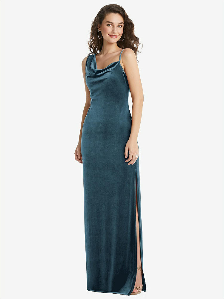 【STYLE: 8213】Asymmetrical One-Shoulder Velvet Maxi Slip Dress【COLOR: Dutch Blue】