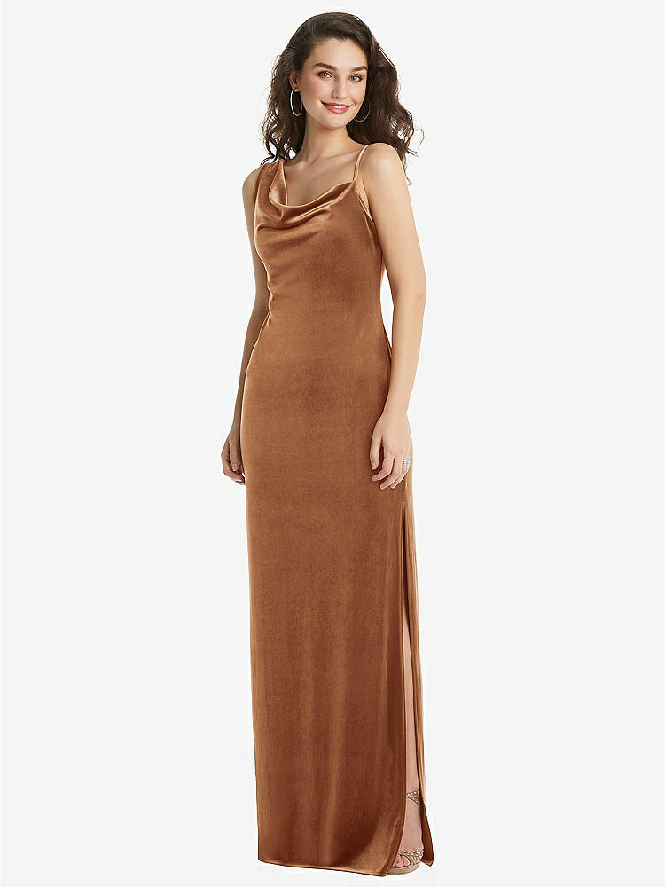【STYLE: 8213】Asymmetrical One-Shoulder Velvet Maxi Slip Dress【COLOR: Golden Almond】