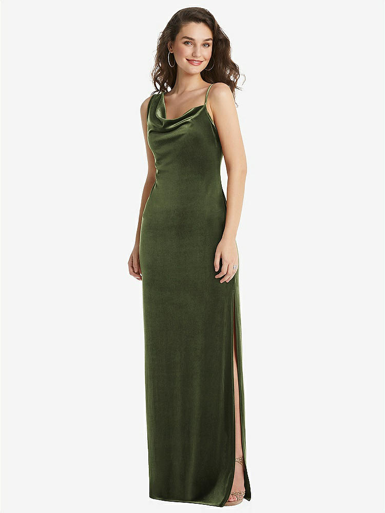 【STYLE: 8213】Asymmetrical One-Shoulder Velvet Maxi Slip Dress【COLOR: Olive Green】