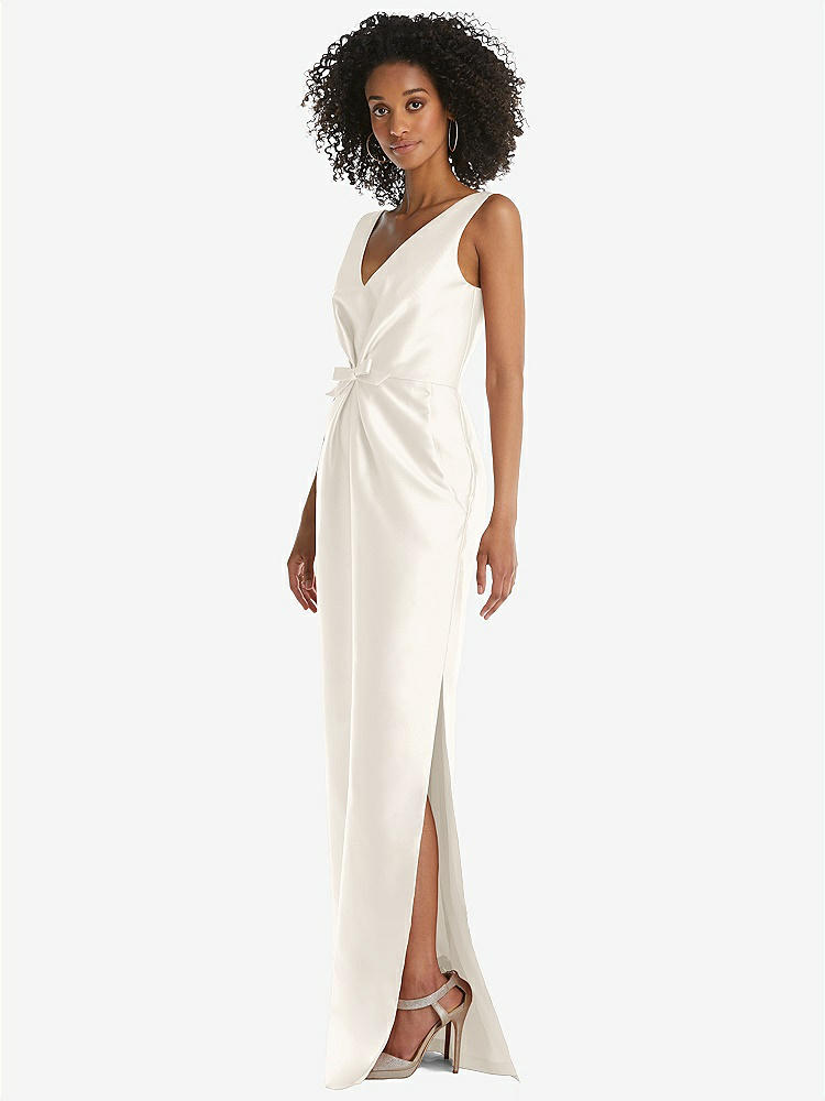 STYLE D810 Pleated Bodice Satin Maxi Pencil Dress with Bow Detail CO BridesmaidsJP