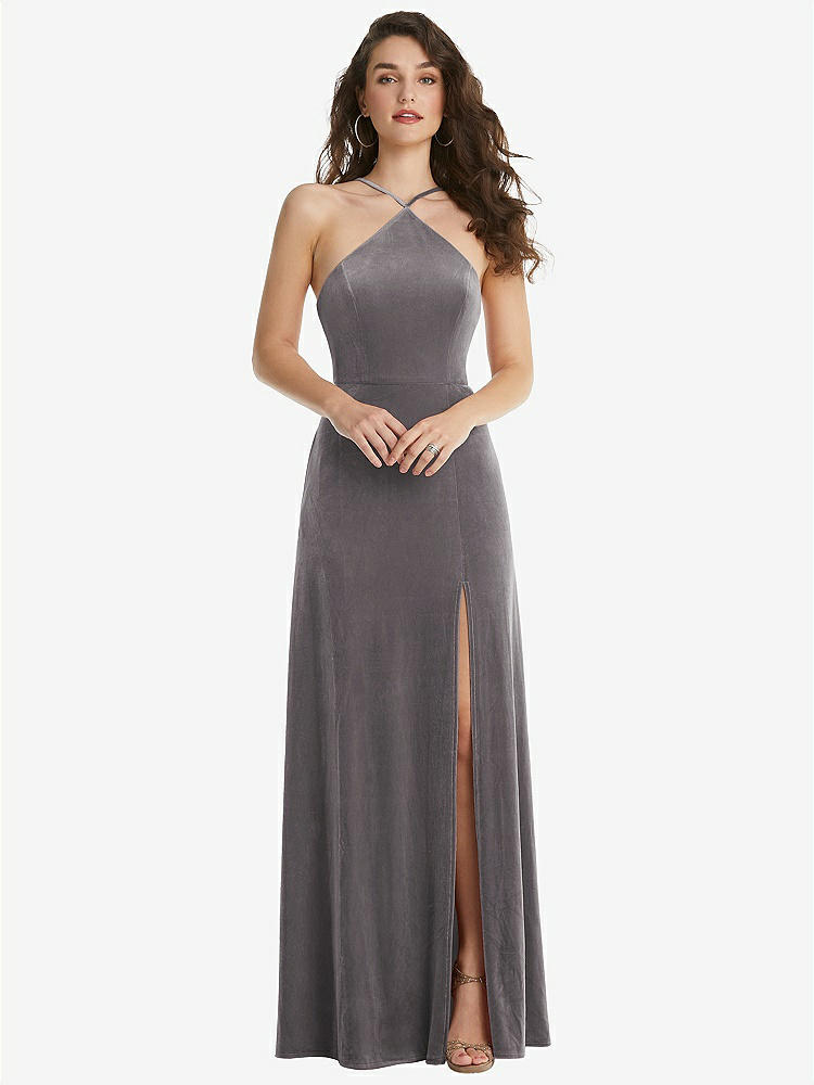 【NEW】【STYLE: LB034】高 首 ホルター オープンバック ベルベット ドレス  -  アリックス【COLOR: Caviar Gray】【SIZE: 00-30W】