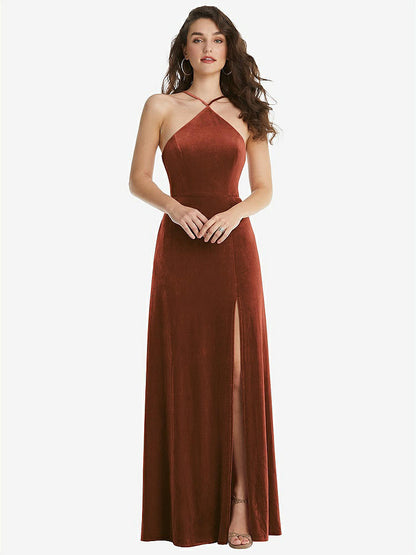 【STYLE: LB034】High Neck Halter Open-Back Velvet Dress - Alix【COLOR: Auburn Moon】