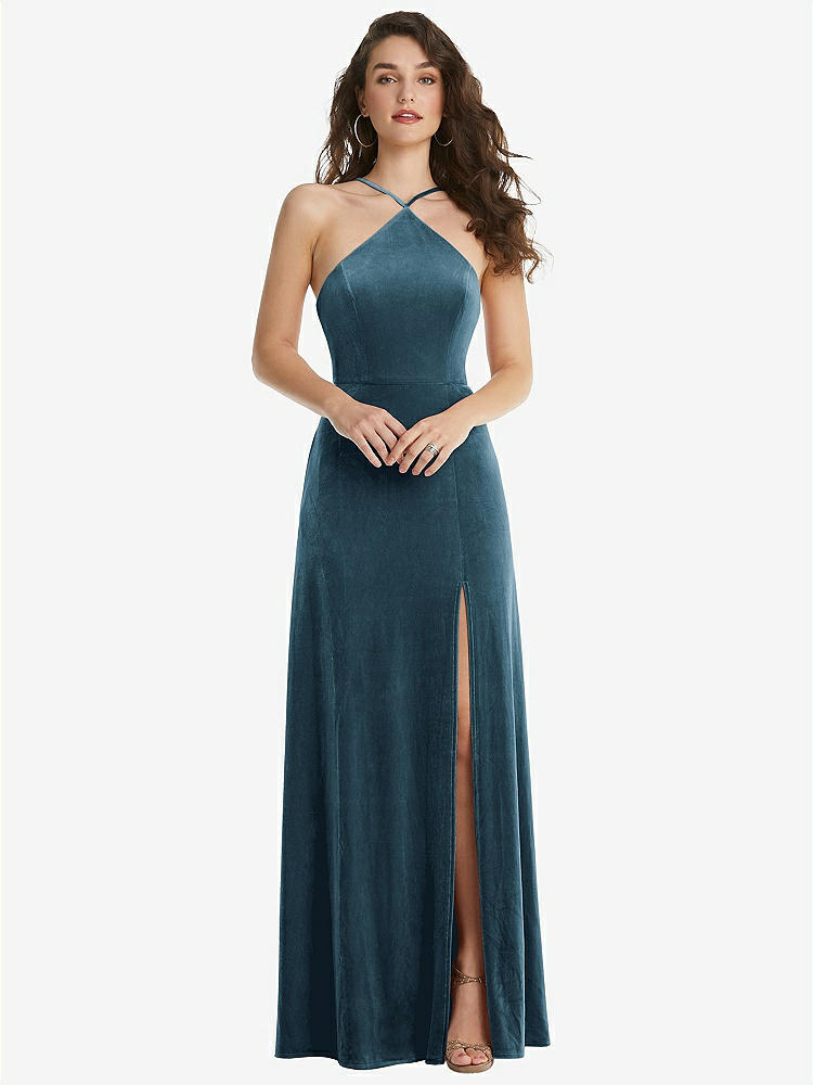 【STYLE: LB034】High Neck Halter Open-Back Velvet Dress - Alix【COLOR: Dutch Blue】