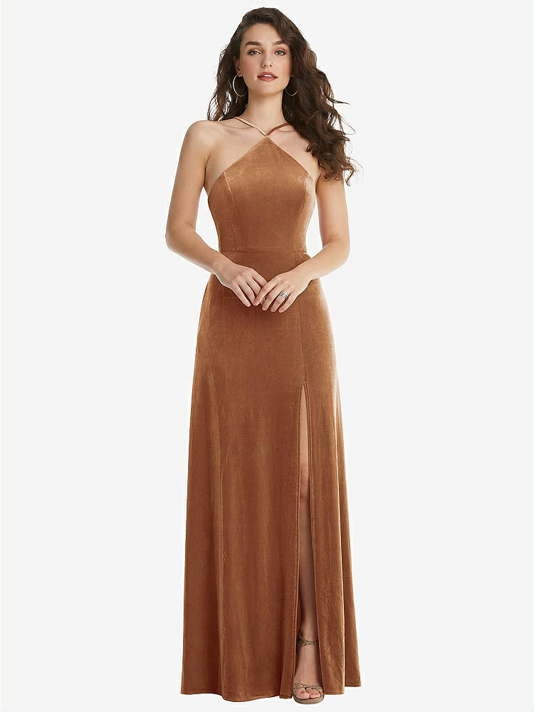【STYLE: LB034】High Neck Halter Open-Back Velvet Dress - Alix【COLOR: Golden Almond】